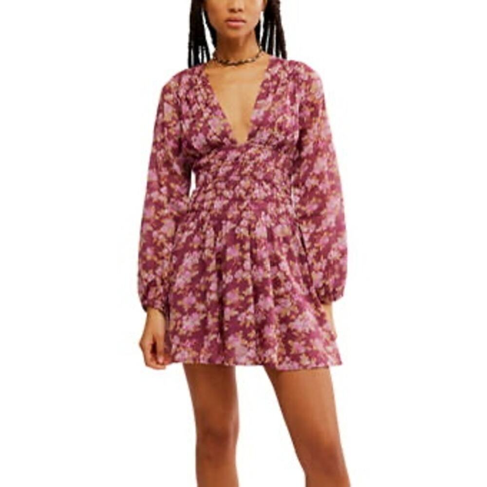 Free People Keep You Mini Dress Size XS Berry Combo Long Sleeves Cotton Boho